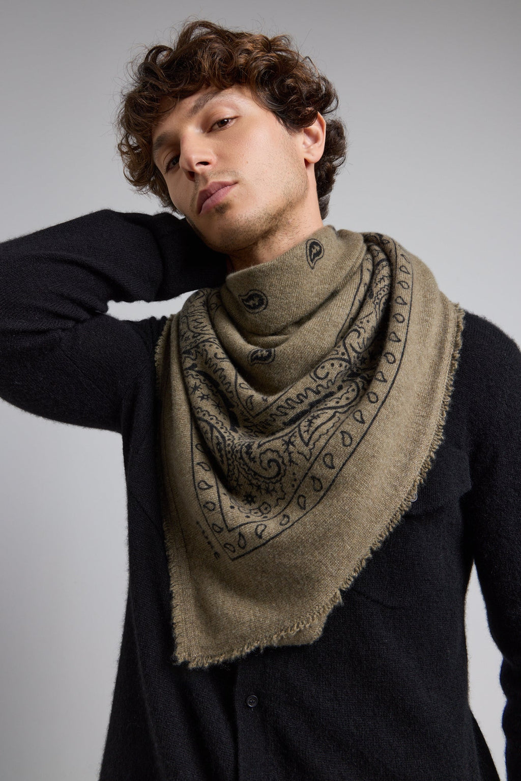 Grande Echarpe Bandana Presley En Cachemire - Vert Khaki & Noir