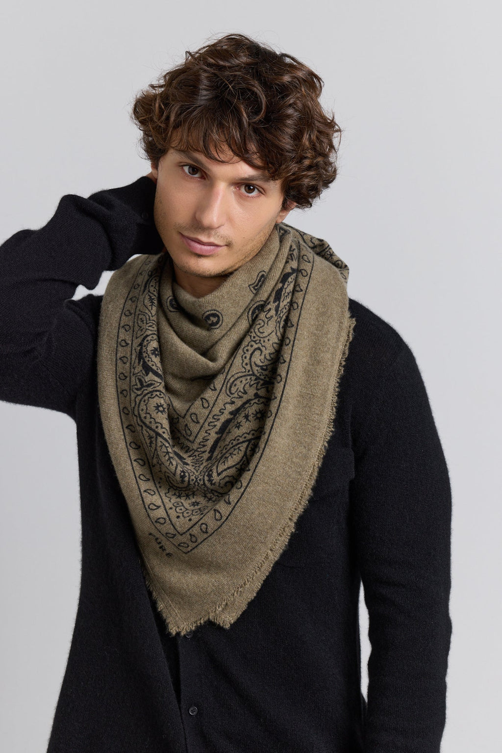 Grande Echarpe Bandana Presley En Cachemire - Vert Khaki & Noir