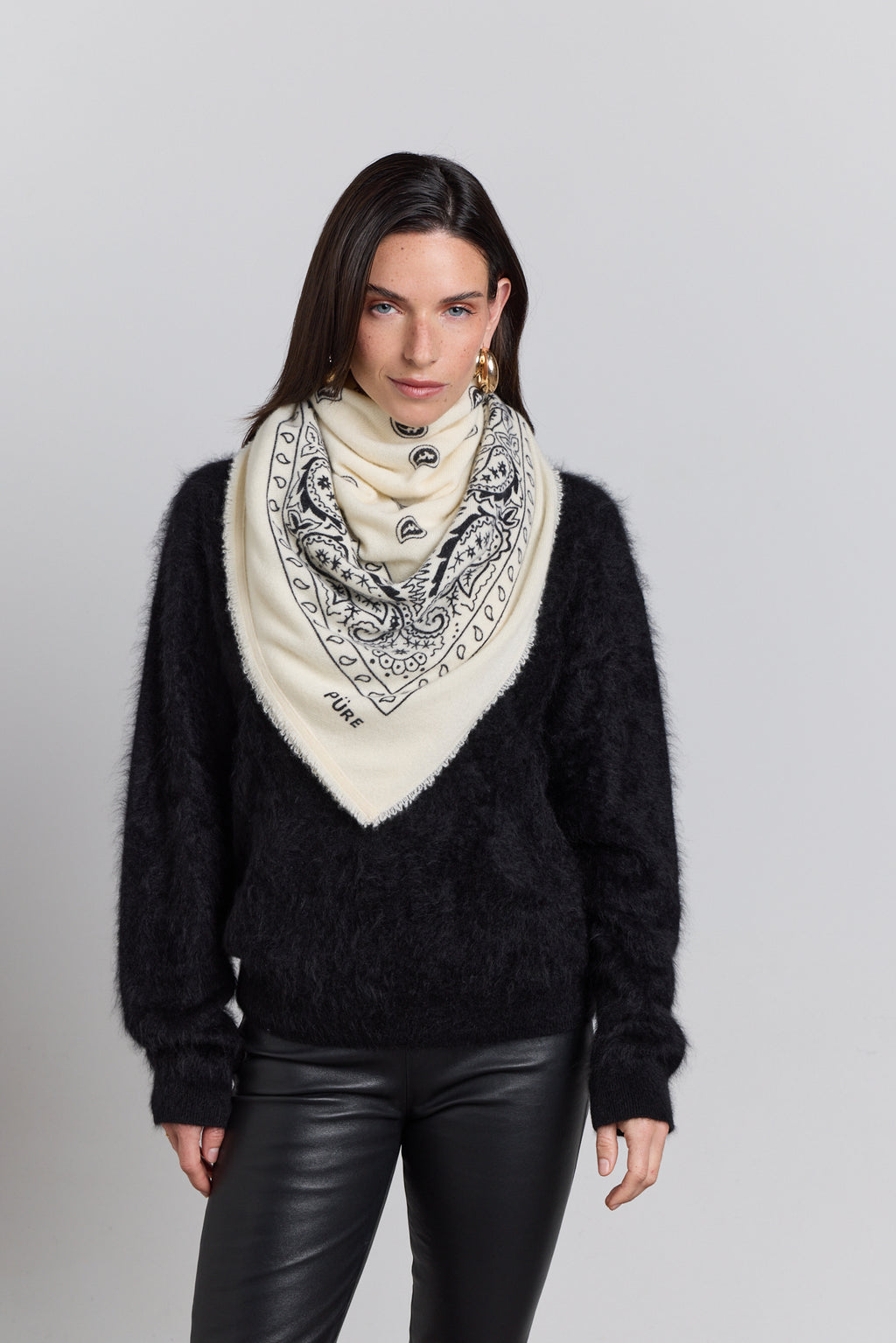 Large Presley Cashmere Bandana Scarf - White & Black - Unisex