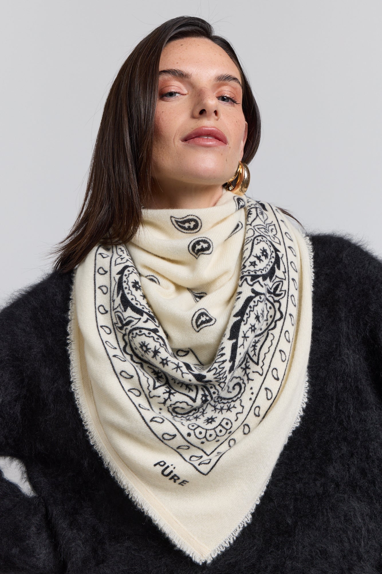 Large Presley Cashmere Bandana Scarf - White & Black - Unisex