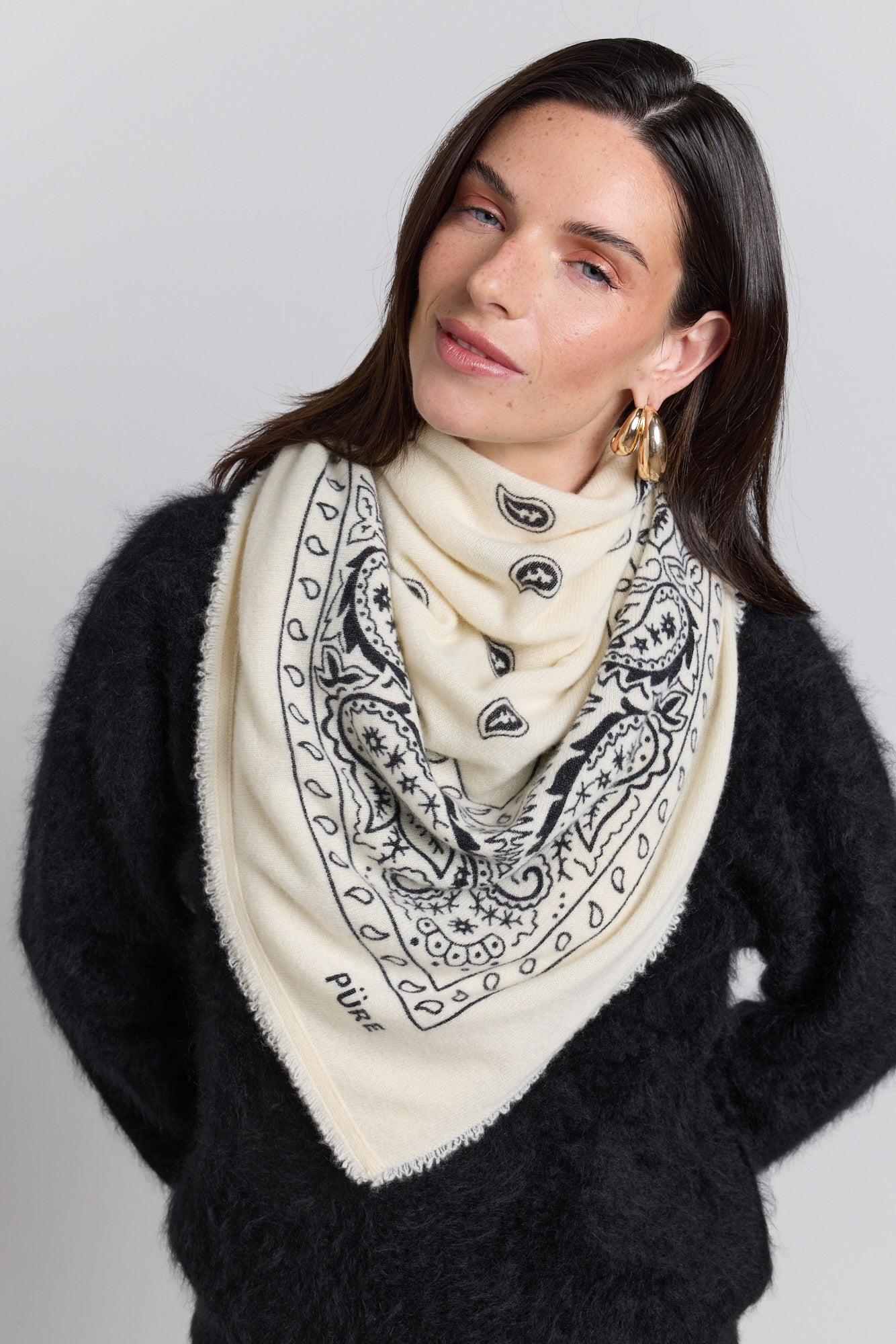 Large Presley Cashmere Bandana Scarf - White & Black - Unisex