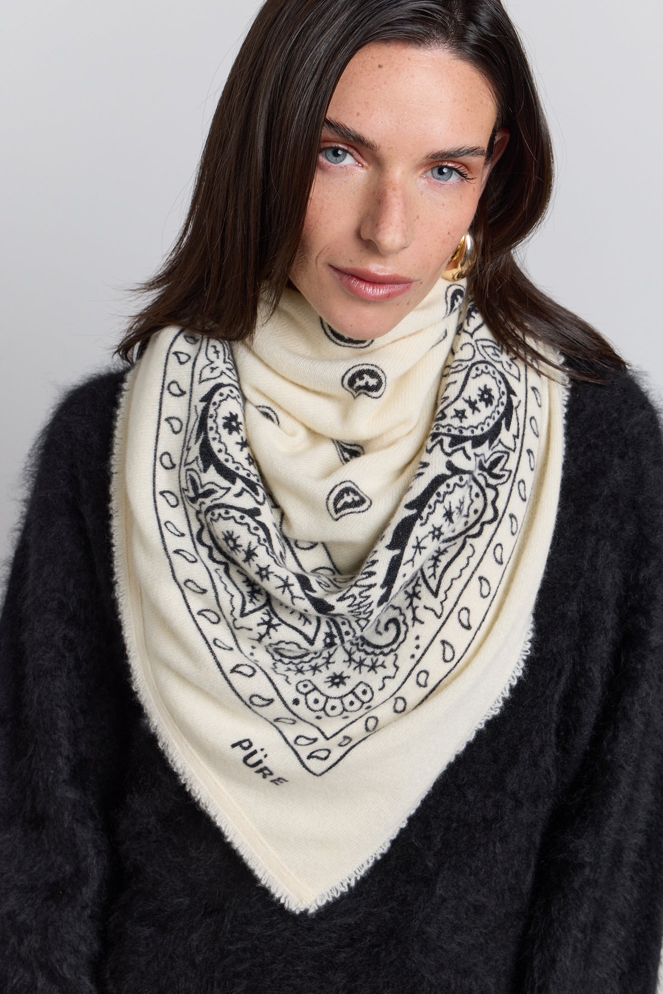 Large Presley Cashmere Bandana Scarf - White & Black - Unisex