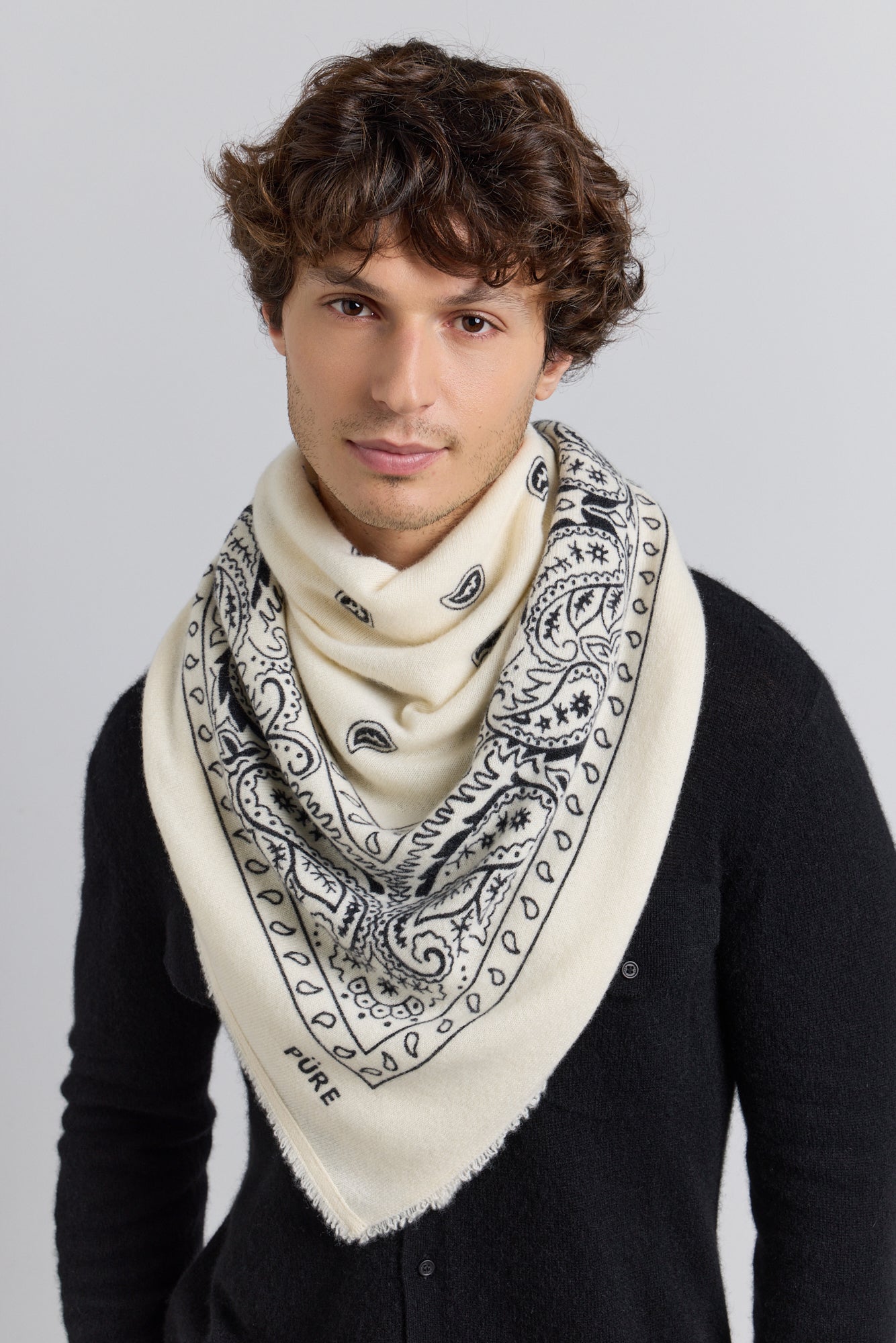 Large Presley Cashmere Bandana Scarf - White & Black - Unisex