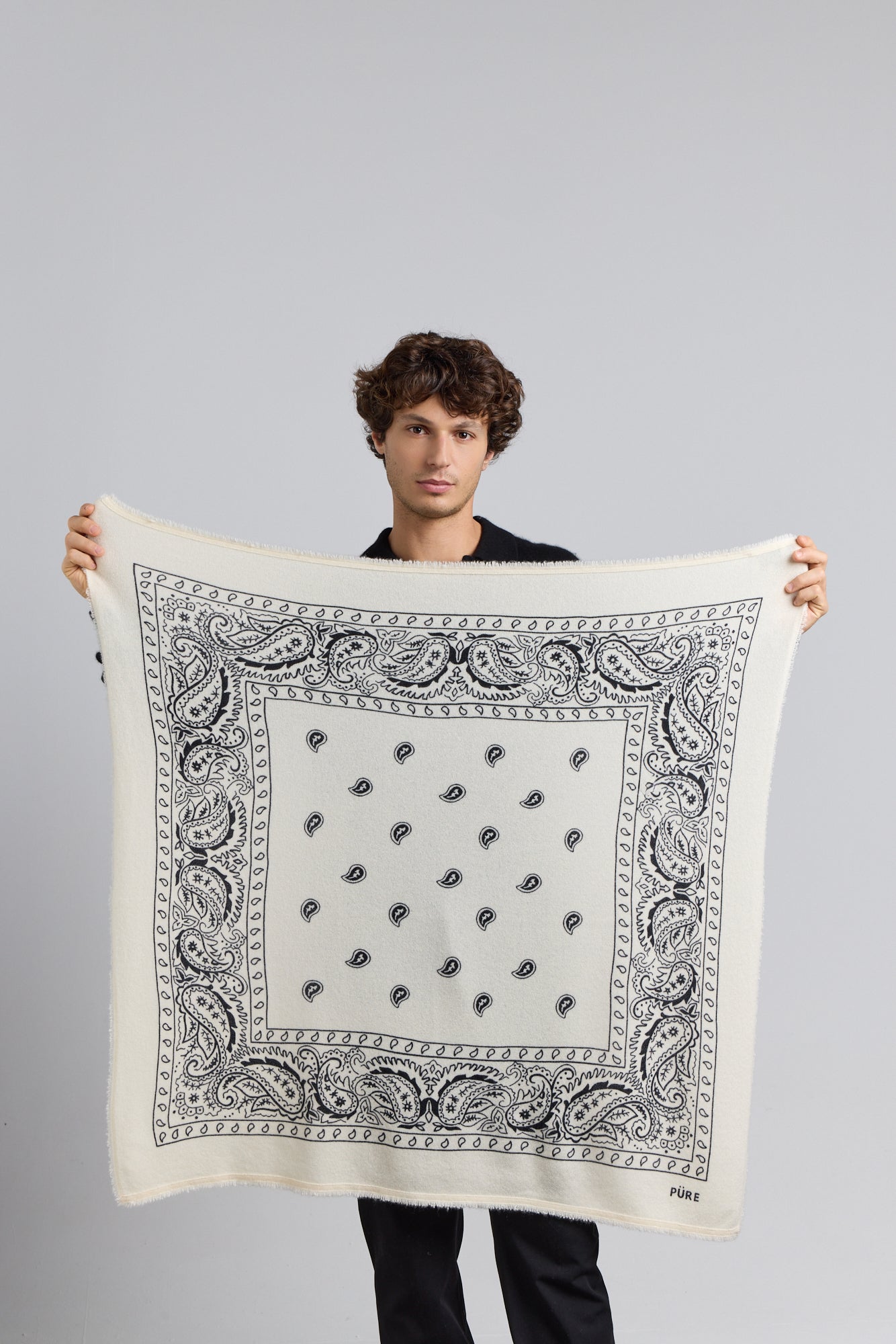 Large Presley Cashmere Bandana Scarf - White & Black - Unisex