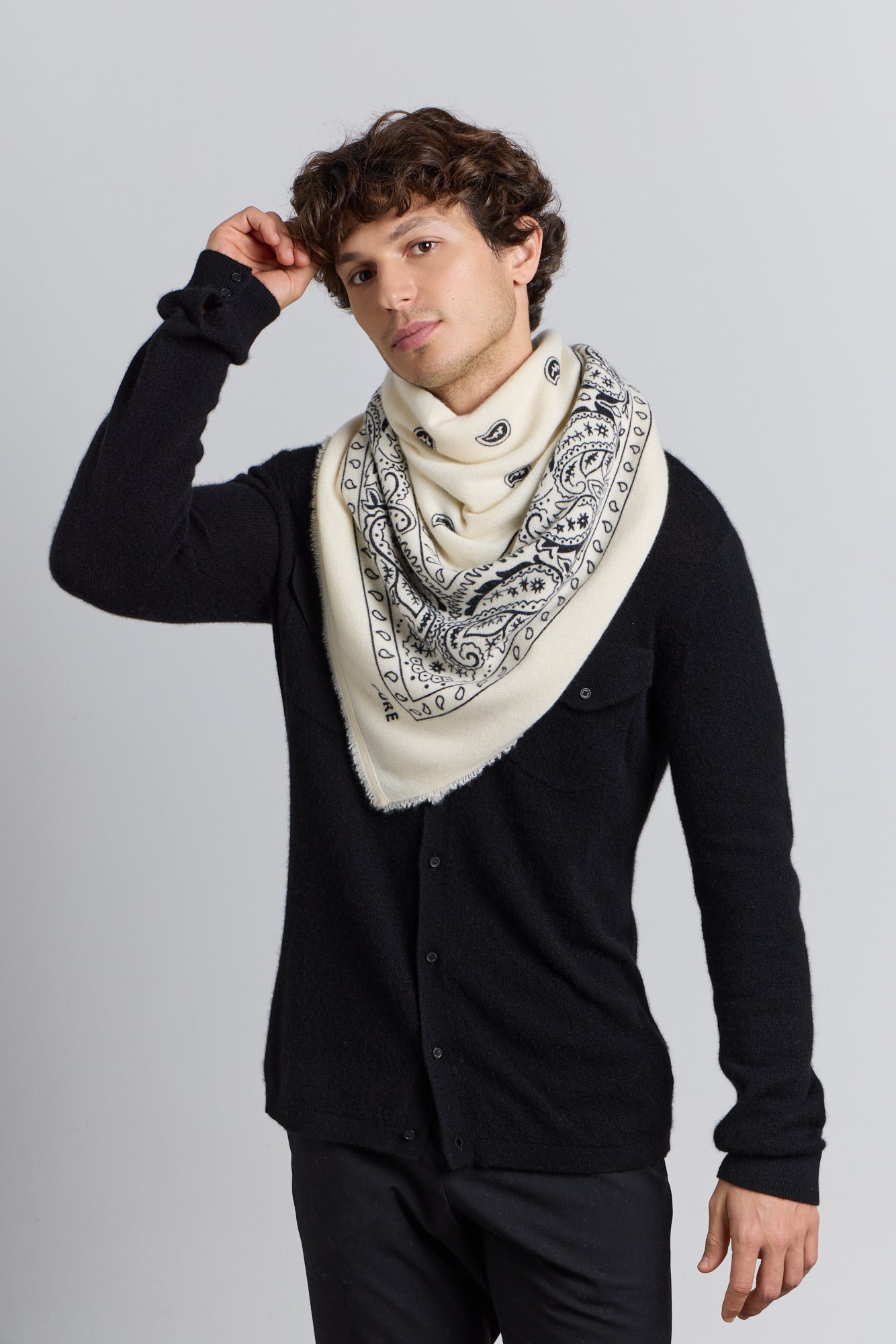 Large Presley Cashmere Bandana Scarf - White & Black - Unisex