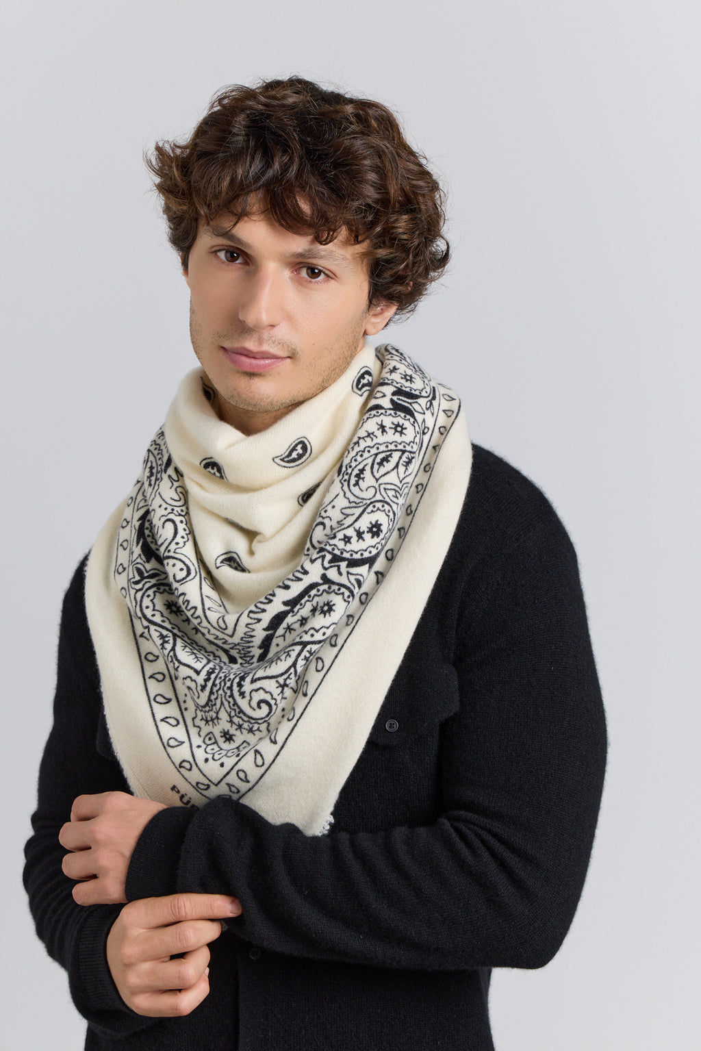 Large Presley Cashmere Bandana Scarf - White & Black - Unisex