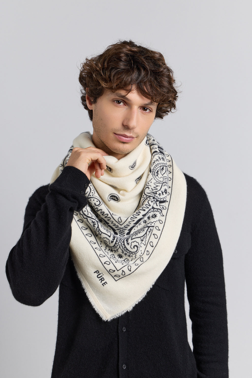 Large Presley Cashmere Bandana Scarf - White & Black - Unisex