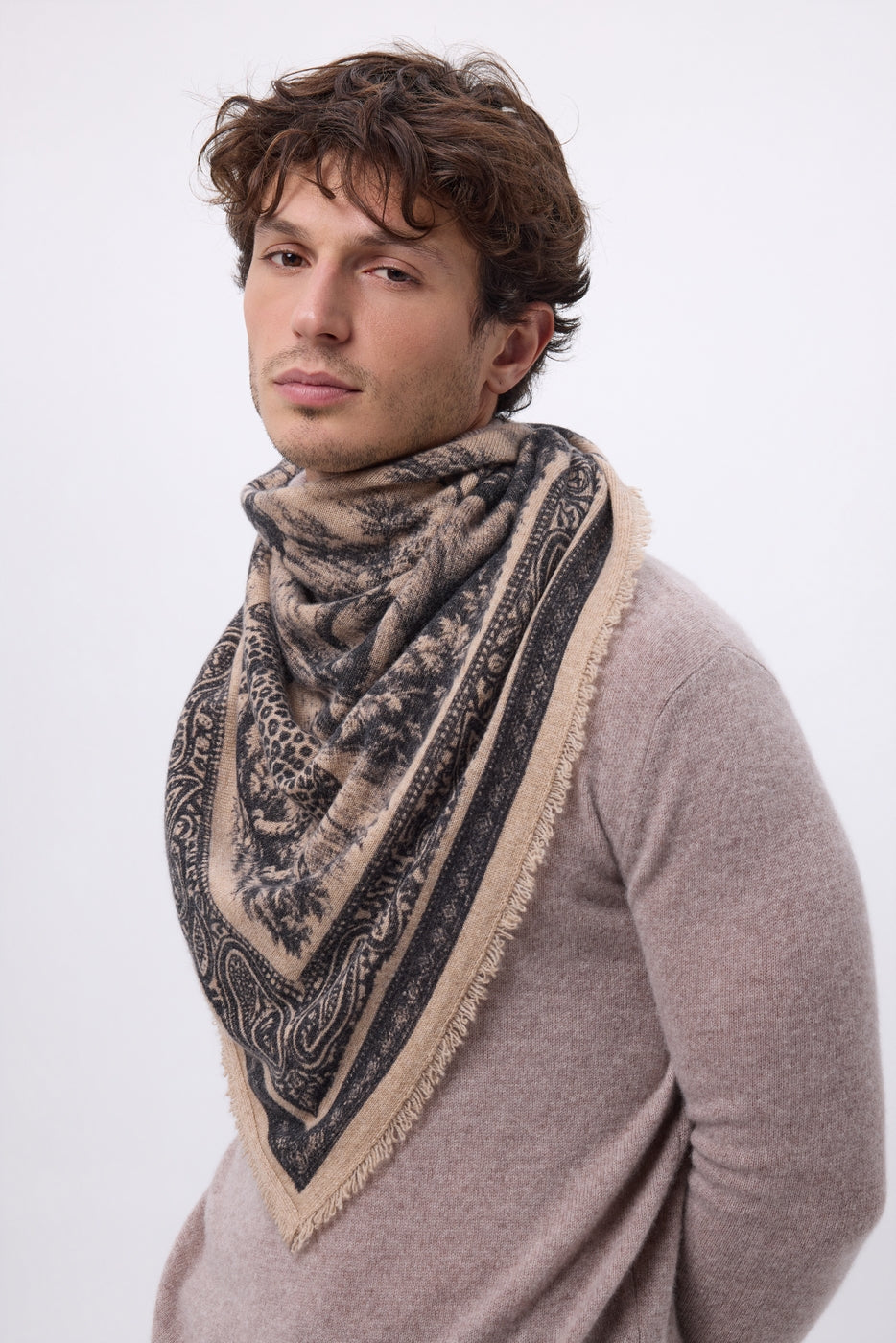 Large Toile De Jouy Bandana - Cream Beige - Men's