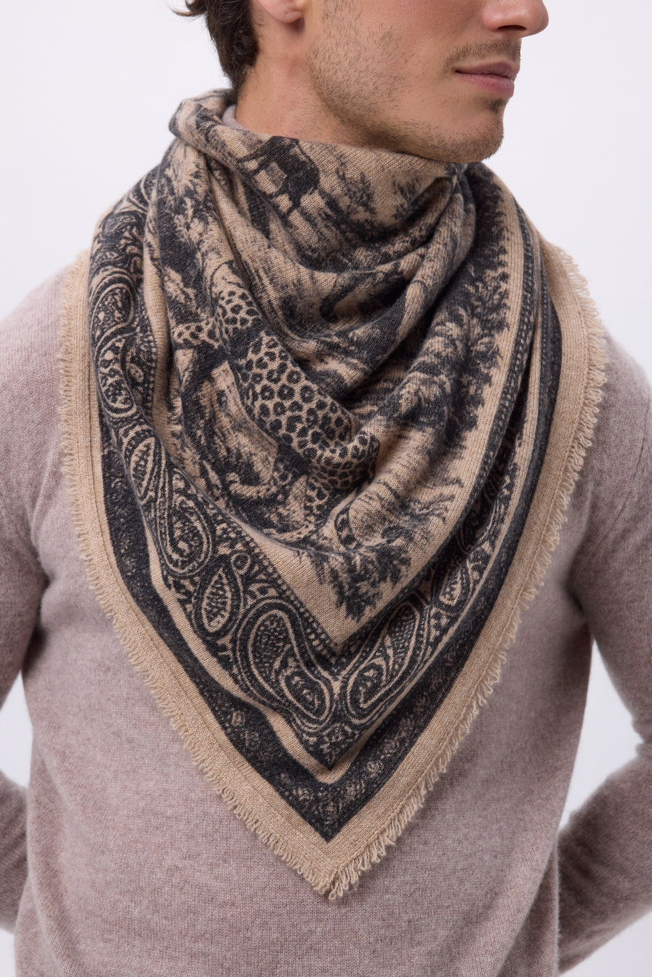 Large Toile De Jouy Bandana - Cream Beige - Men's