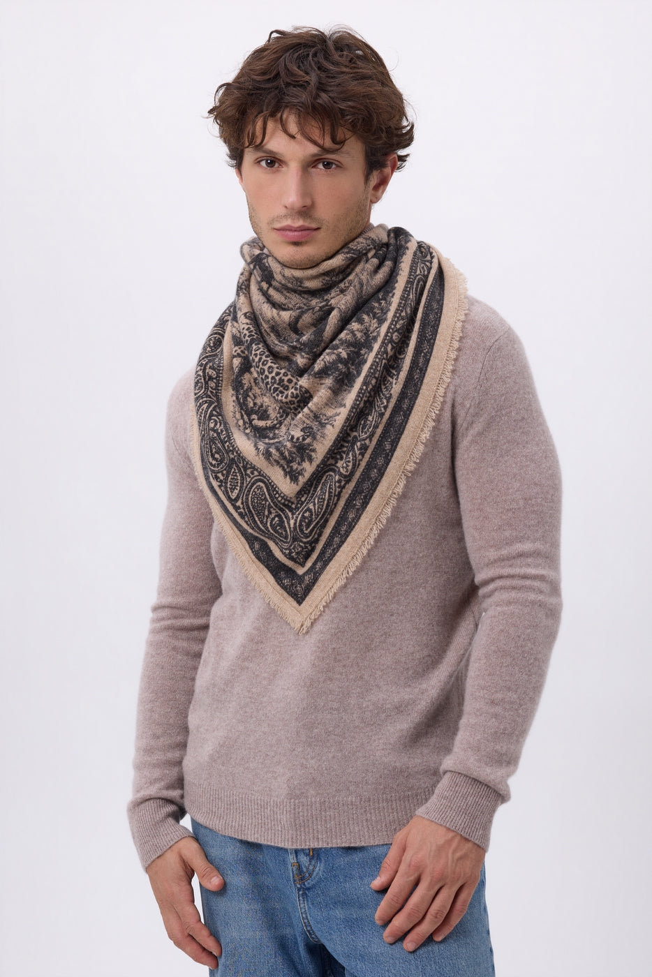Large Toile De Jouy Bandana - Cream Beige - Men's