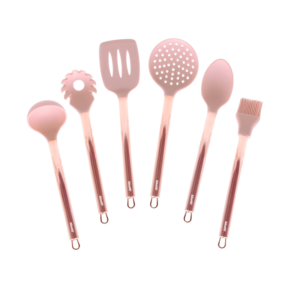 Ensemble De 6 Ustensiles De Cuisine En Silicone Stone Rose Avec Support En Métal.