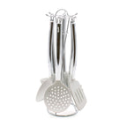 Ensemble De 6 Ustensiles De Cuisine En Silicone Blanc Pierre Avec Support Métallique.