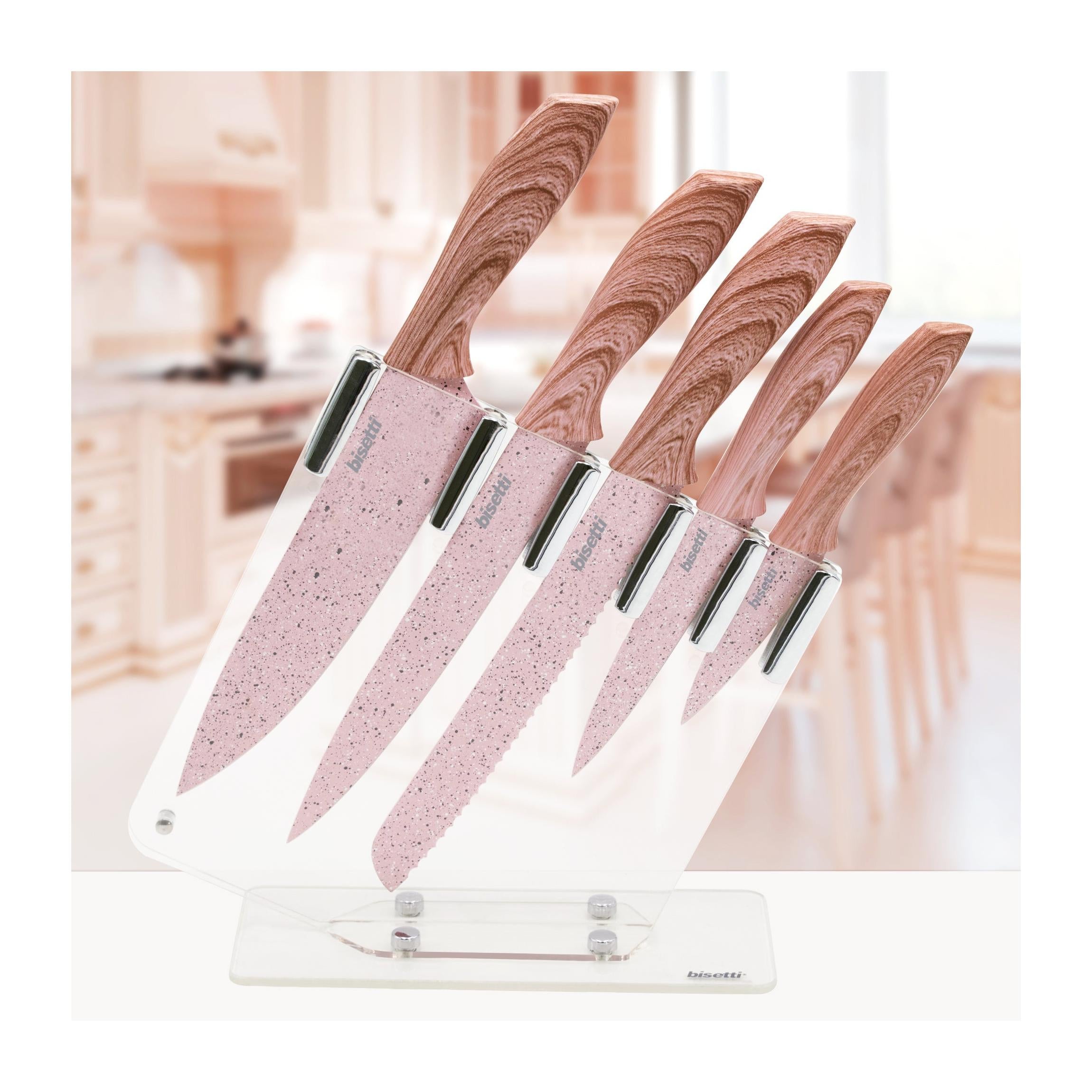 Juego De 5 Cuchillos Stonerose - Mangos Con Motivo De Madera Rosa