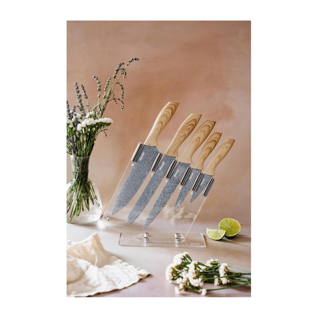 Juego De 5 Cuchillos Piedra Gourmet - Mangos De Madera Natural