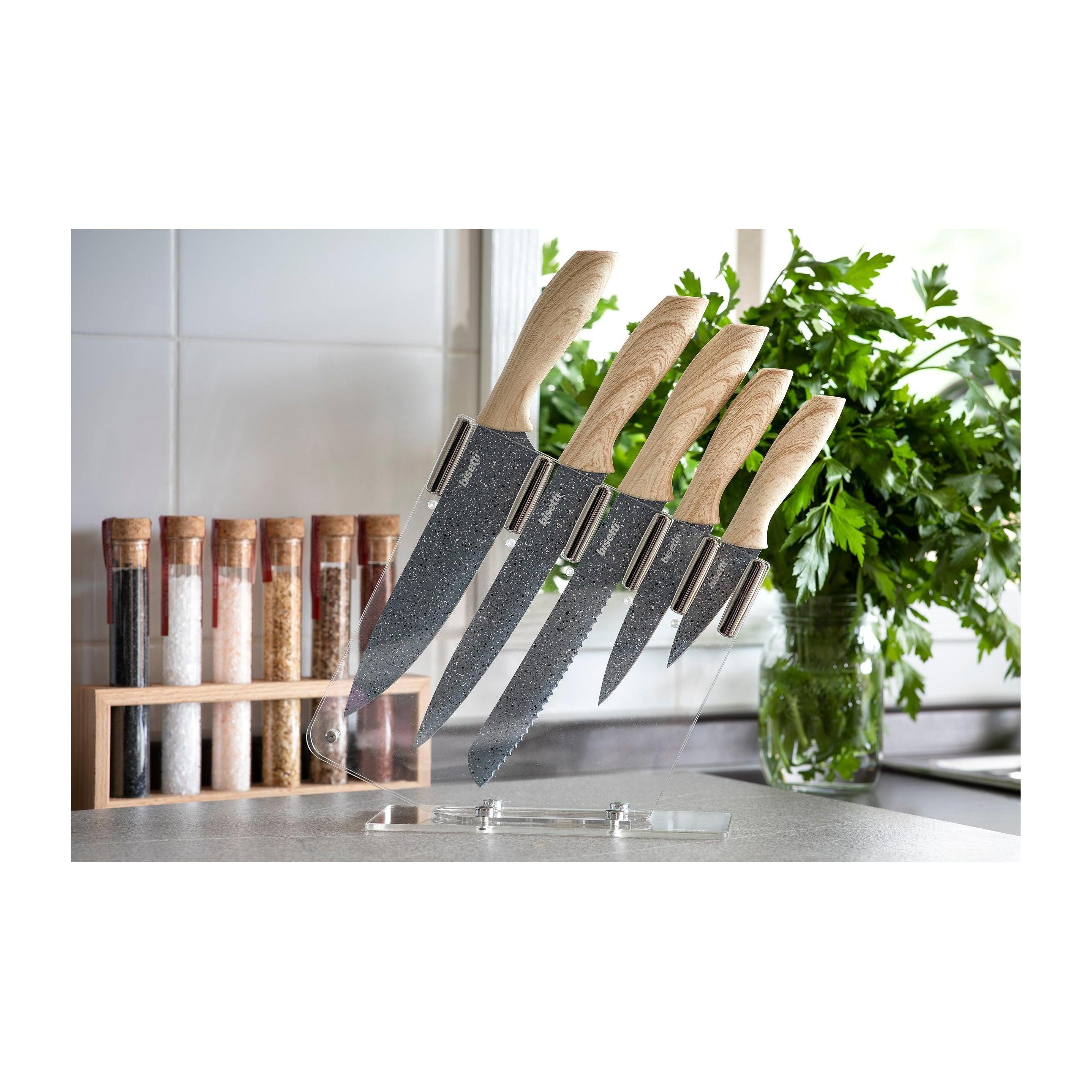 Juego De 5 Cuchillos Piedra Gourmet - Mangos De Madera Natural