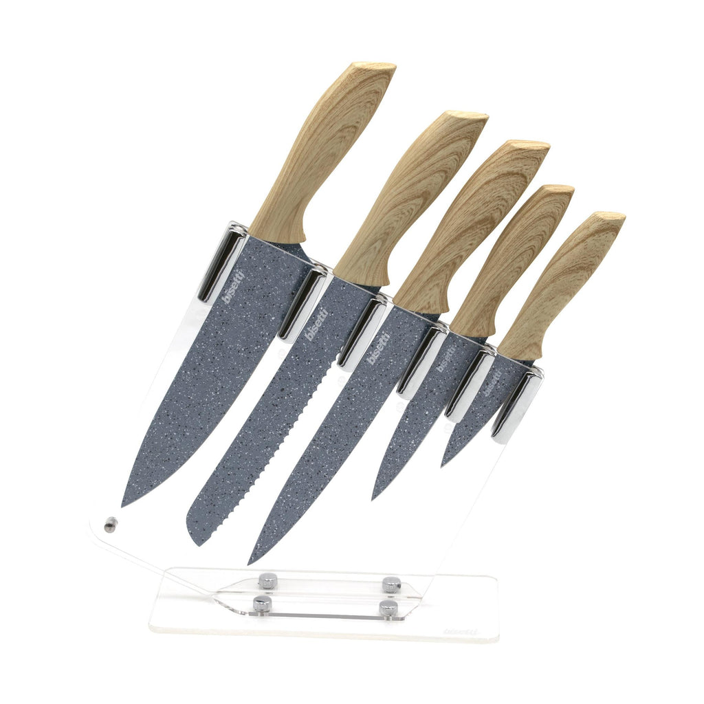 Juego De 5 Cuchillos Piedra Gourmet - Mangos De Madera Natural