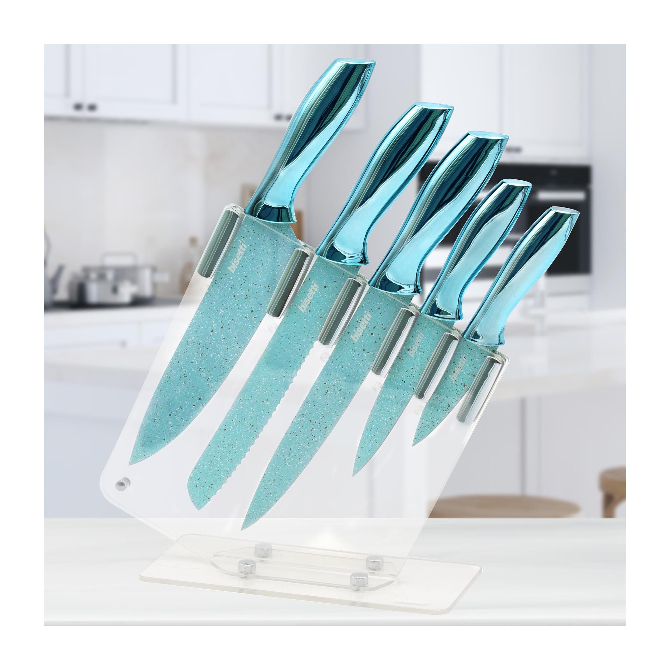 Juego de 5 cuchillos Miss Gourmet - Mangos con diseño en oro verde