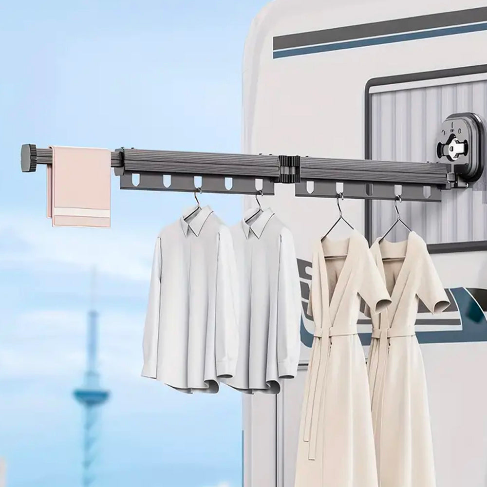 Tendedero de Ropa de Pared de Aluminio PYTHON 92cm - Extensible y Plegable – Con 10 Ganchos y Ranuras para Perchas - Ventosas Potentes - Para Balcón, Baño, Lavadero