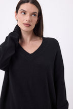 Jersey oversize de cuello en V de canalé grueso Blind - Negro - Mujer