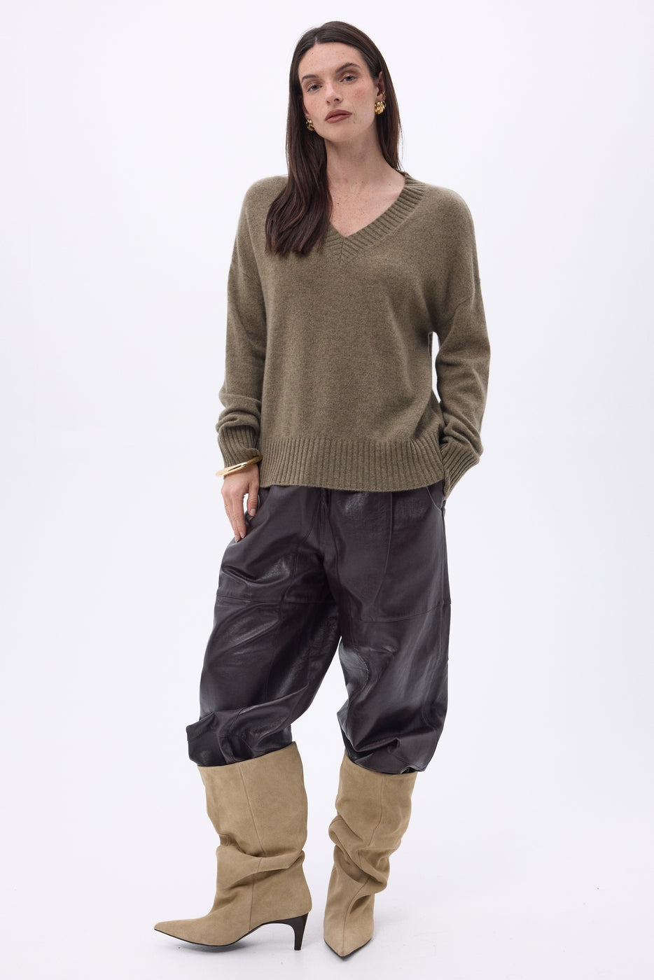 Pull Oversize Col V Gros Rib Blind - Khaki Chine - Femme
