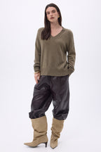 Pull Oversize Col V Gros Rib Blind - Khaki Chine - Femme
