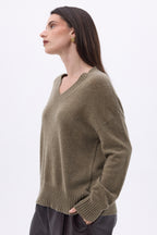Pull Oversize Col V Gros Rib Blind - Khaki Chine - Femme