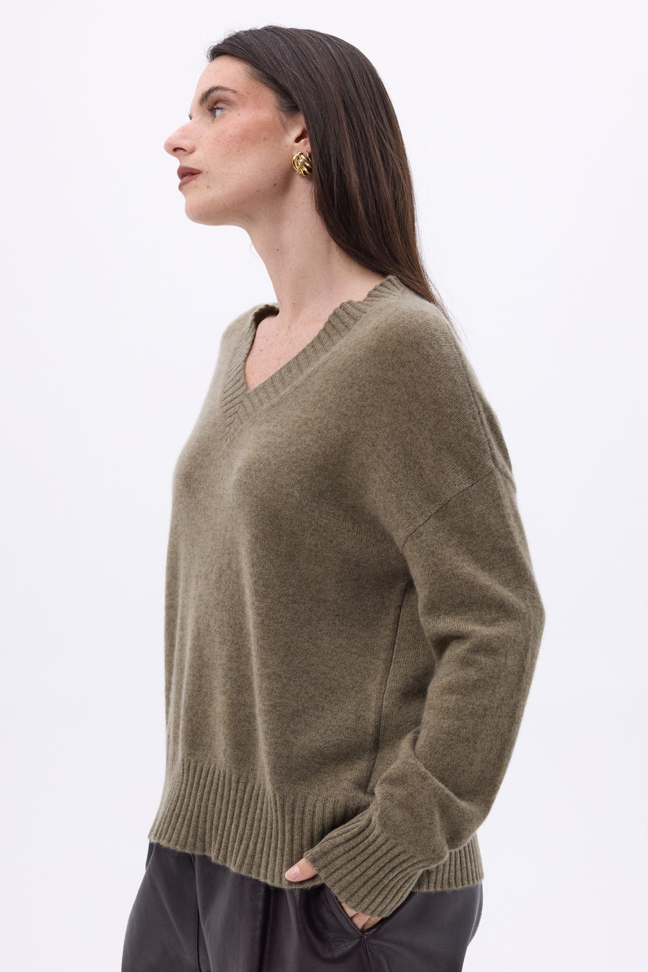 Pull Oversize Col V Gros Rib Blind - Khaki Chine - Femme