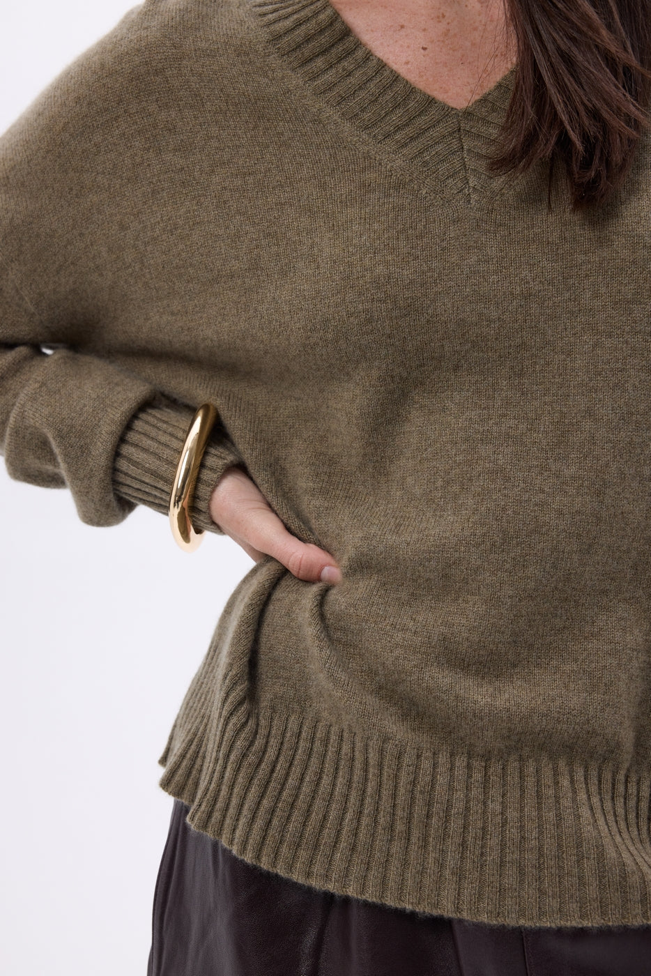 Pull Oversize Col V Gros Rib Blind - Khaki Chine - Femme