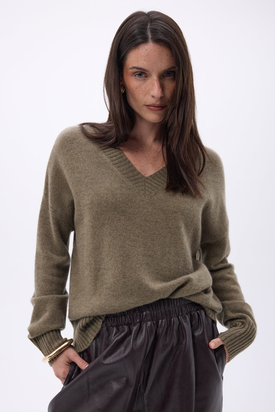 Pull Oversize Col V Gros Rib Blind - Khaki Chine - Femme
