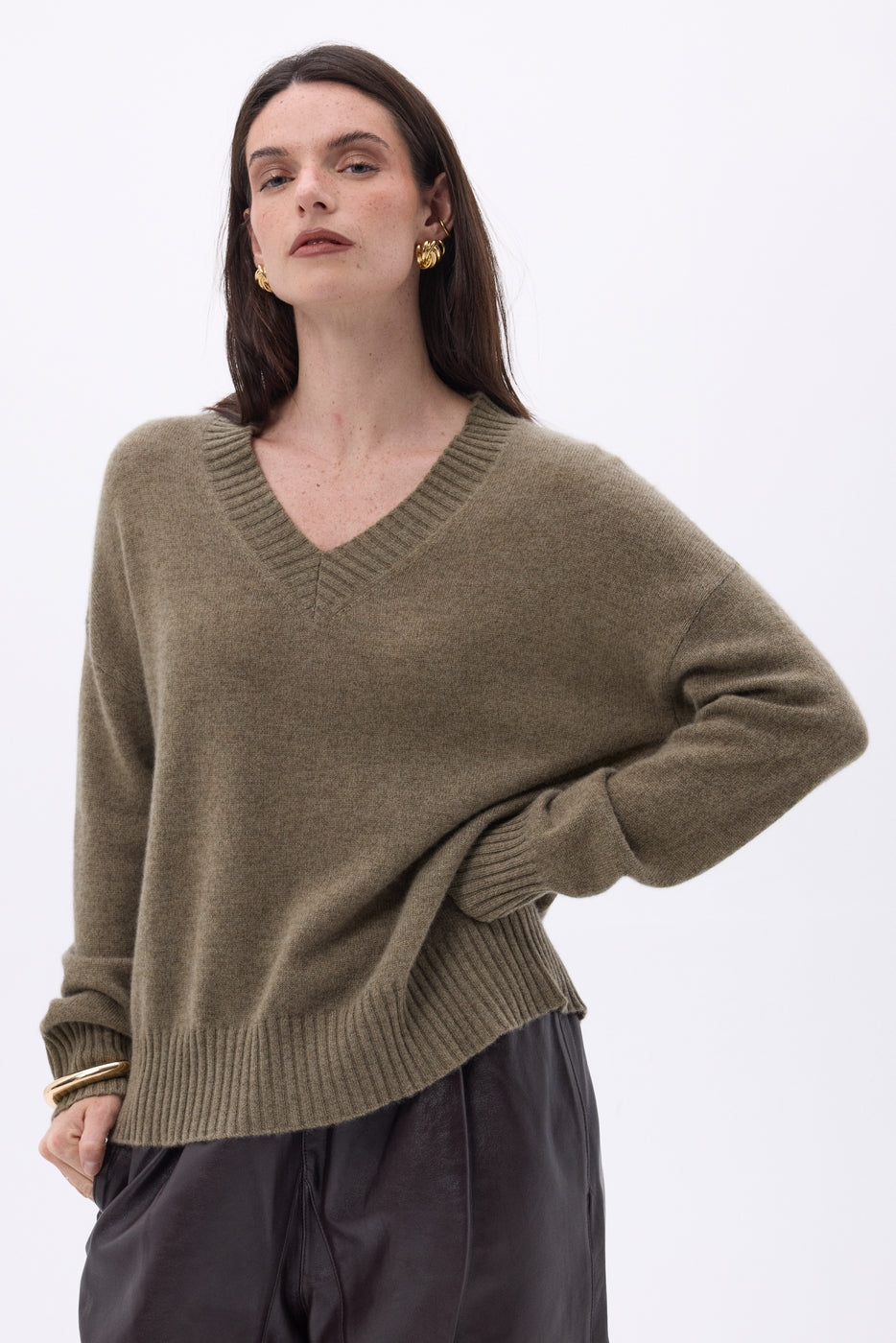 Pull Oversize Col V Gros Rib Blind - Khaki Chine - Femme