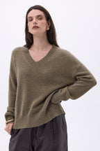 Pull Oversize Col V Gros Rib Blind - Khaki Chine - Femme