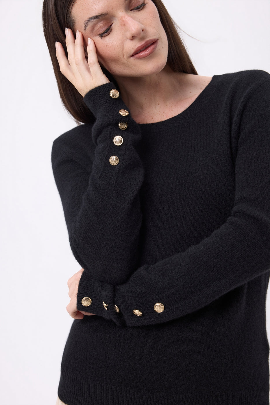 Pull Col Rond Boutons Dorés Manches Ballon Bold - Noir - Femme