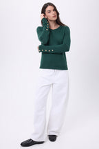 Pull Col Rond Boutons Dorés Manches Ballon Bold - Vert Bouteille - Femme