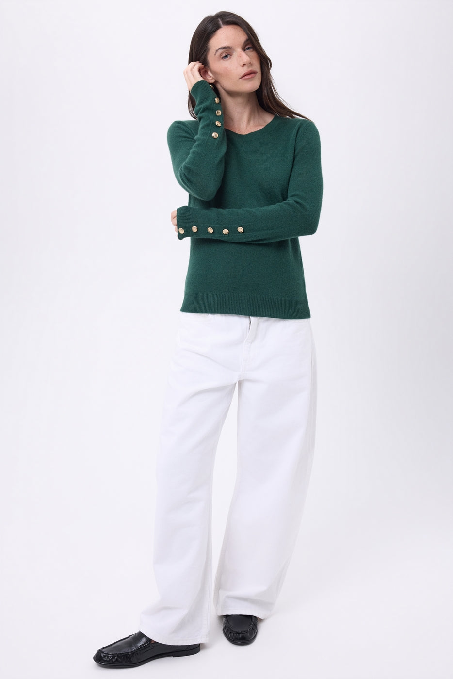 Pull Col Rond Boutons Dorés Manches Ballon Bold - Vert Bouteille - Femme