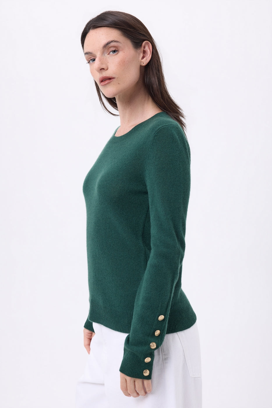 Pull Col Rond Boutons Dorés Manches Ballon Bold - Vert Bouteille - Femme