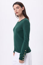Pull Col Rond Boutons Dorés Manches Ballon Bold - Vert Bouteille - Femme