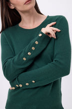 Pull Col Rond Boutons Dorés Manches Ballon Bold - Vert Bouteille - Femme