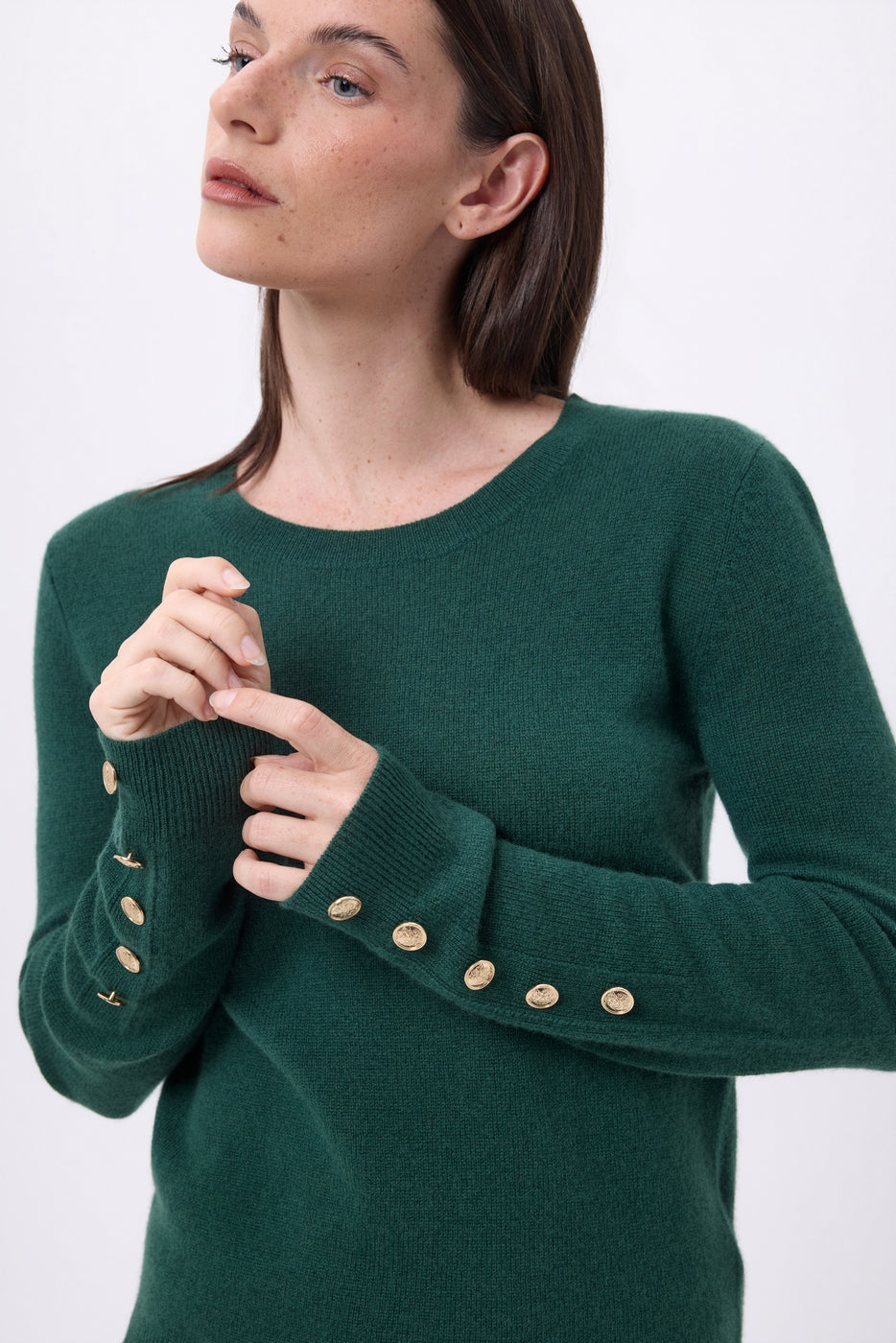 Pull Col Rond Boutons Dorés Manches Ballon Bold - Vert Bouteille - Femme