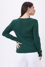 Pull Col Rond Boutons Dorés Manches Ballon Bold - Vert Bouteille - Femme
