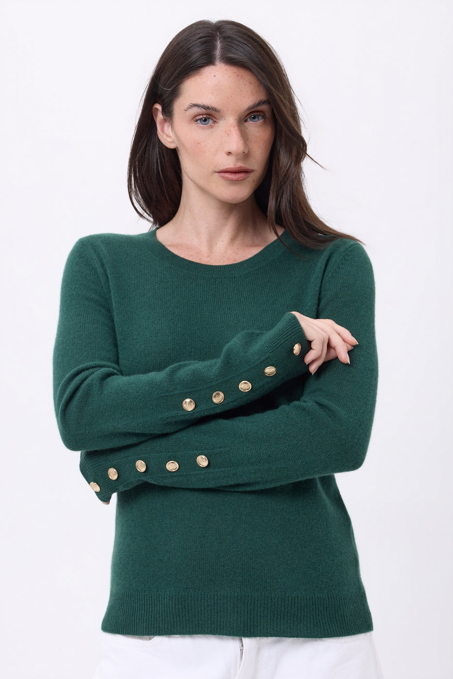 Pull Col Rond Boutons Dorés Manches Ballon Bold - Vert Bouteille - Femme