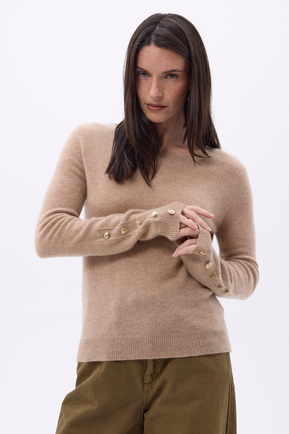 Pull Col Rond Boutons Dorés Manches Ballon Bold - Beige Creme - Femme