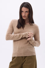 Pull Col Rond Boutons Dorés Manches Ballon Bold - Beige Creme - Femme