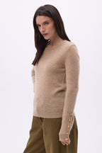 Pull Col Rond Boutons Dorés Manches Ballon Bold - Beige Creme - Femme