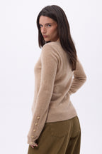 Pull Col Rond Boutons Dorés Manches Ballon Bold - Beige Creme - Femme