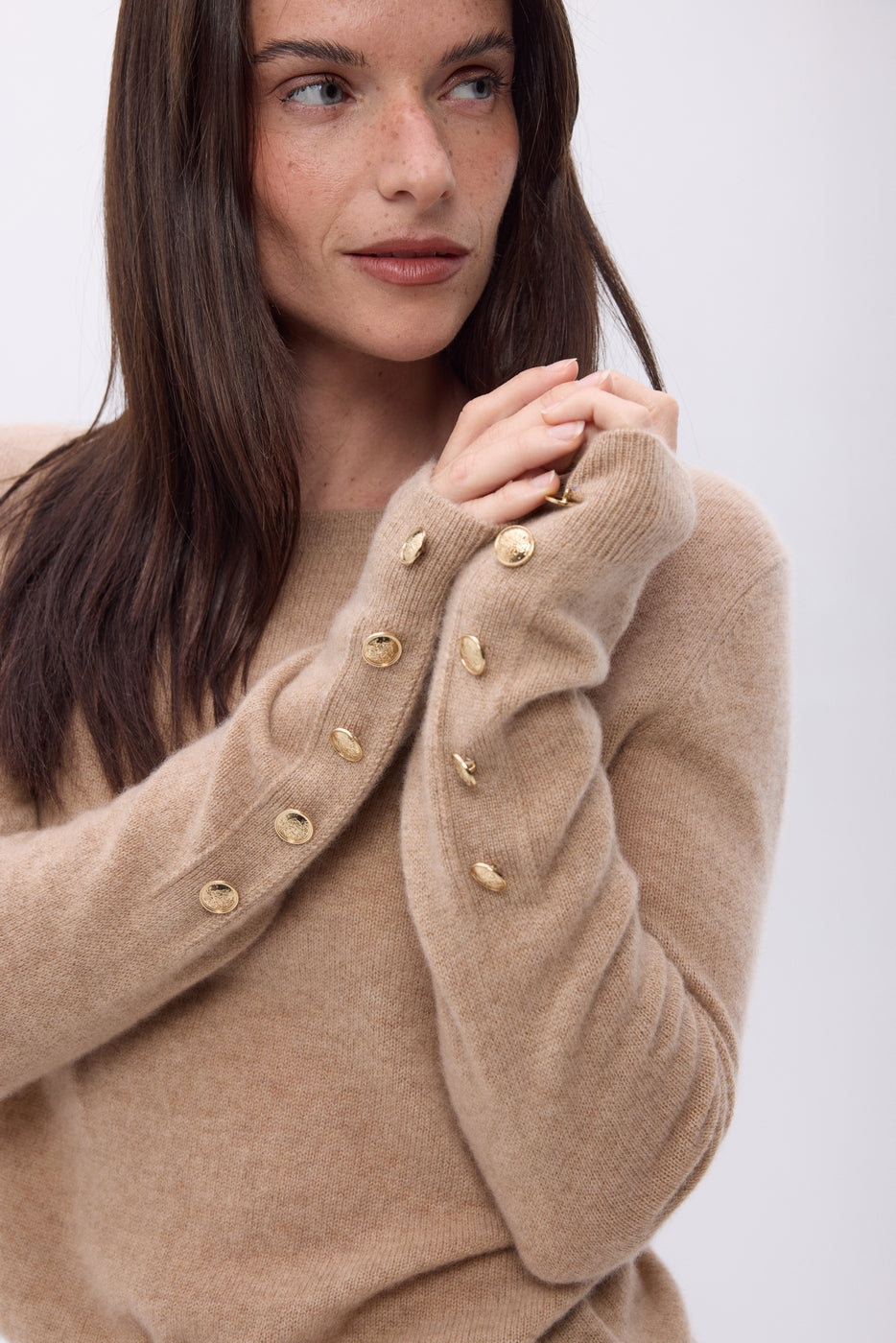 Pull Col Rond Boutons Dorés Manches Ballon Bold - Beige Creme - Femme