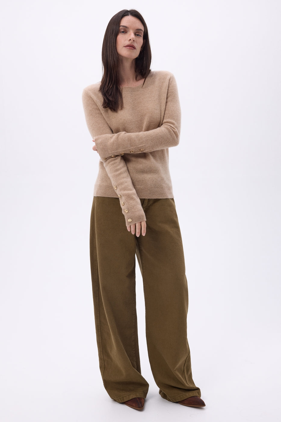 Pull Col Rond Boutons Dorés Manches Ballon Bold - Beige Creme - Femme