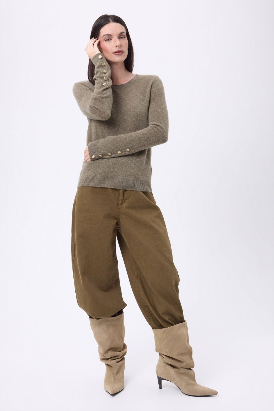 Pull Col Rond Boutons Dorés Manches Ballon Bold - Khaki Chine - Femme