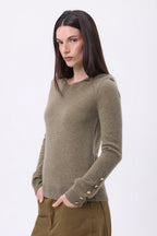Pull Col Rond Boutons Dorés Manches Ballon Bold - Khaki Chine - Femme