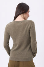 Pull Col Rond Boutons Dorés Manches Ballon Bold - Khaki Chine - Femme