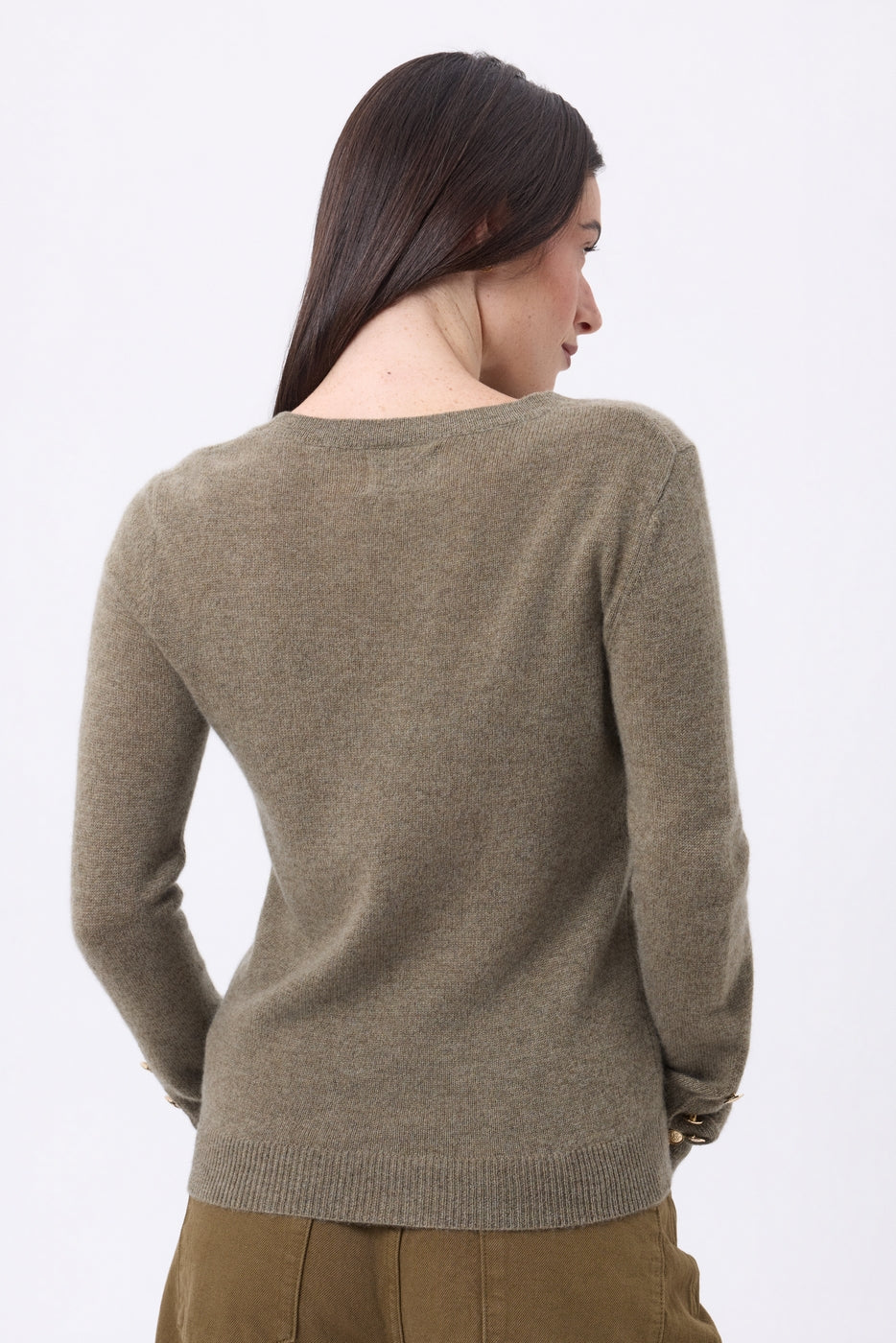 Pull Col Rond Boutons Dorés Manches Ballon Bold - Khaki Chine - Femme